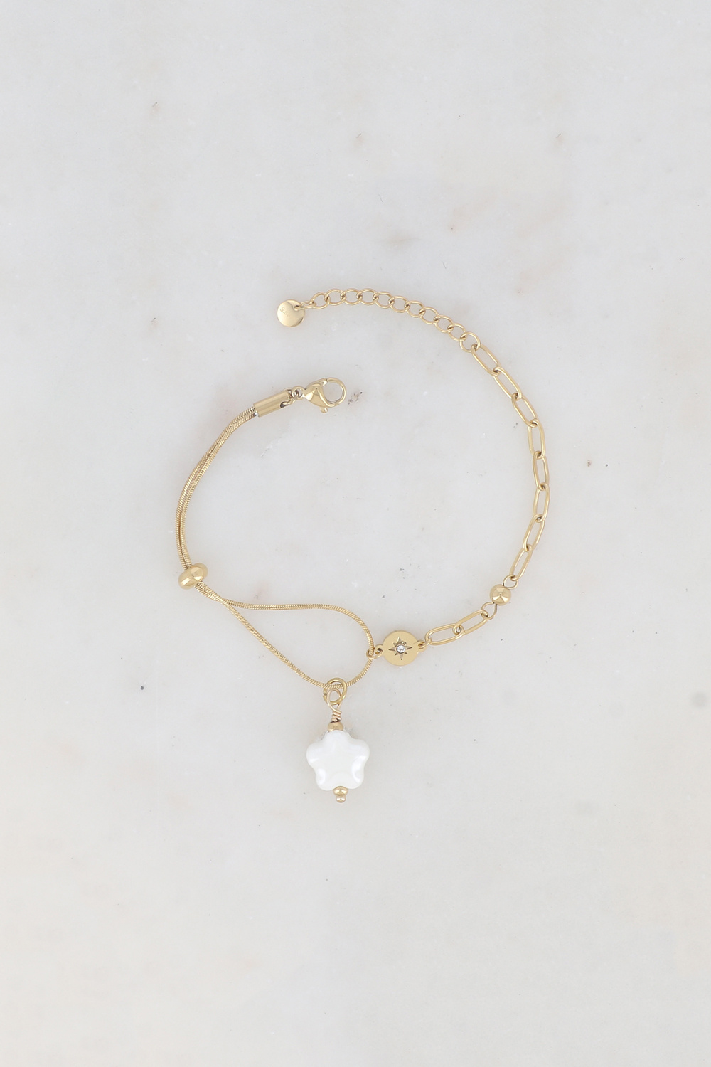 Mayorista Ikita Paris - Pulsera de malla con estrella de cerámica, pieza redonda de strass, estrella, bolita y arandela