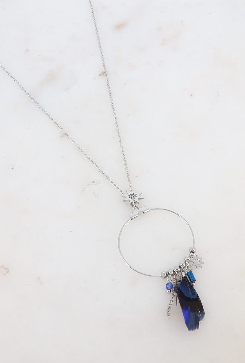 Grossista Ikita Paris - Collana lunga con anello, piuma e pendenti