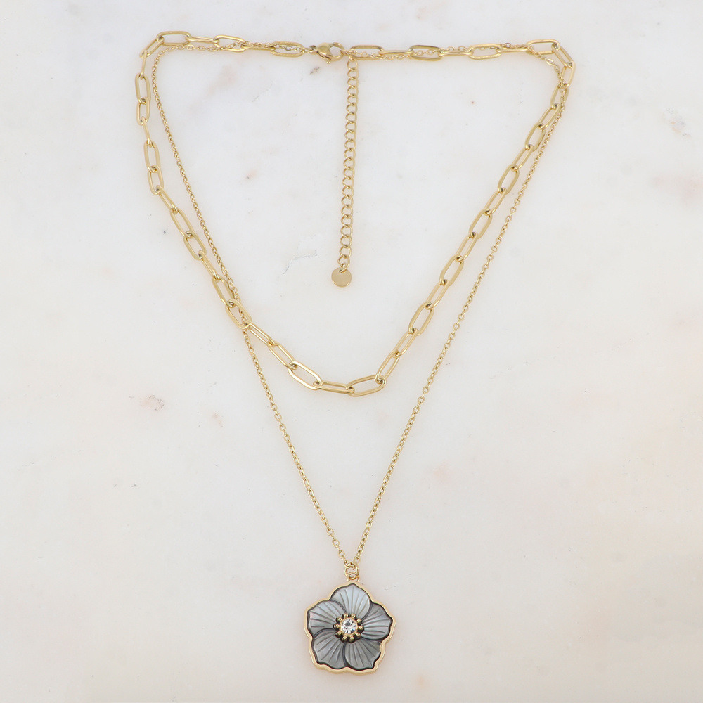 Wholesaler Ikita Paris - 2-row necklace with mesh, mother-of-pearl flower pendant, rhinestones