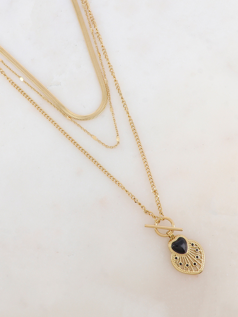 Wholesaler Ikita Paris - 3-row necklace with openwork heart pendant, natural stone or mother-of-pearl, and rhinestones