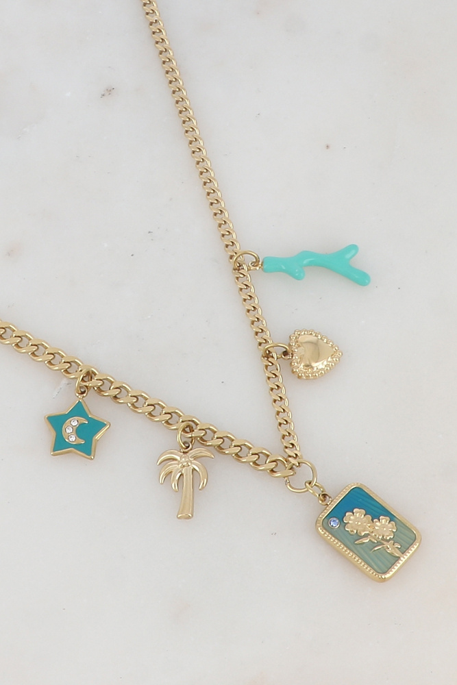 Wholesaler Ikita Paris - Chain necklace with an enamel star featuring a rhinestone moon design, palm tree, rectangular charm with floral enamel pattern, heart, and enamel coral