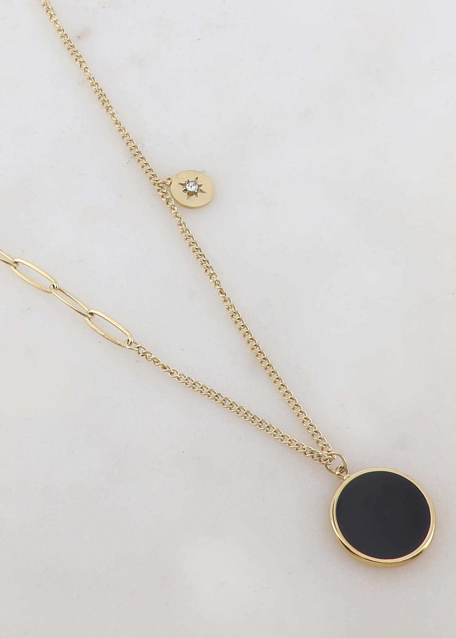 Wholesaler Ikita Paris - Mesh necklace with enameled round pendant, rhinestones, star and small ball