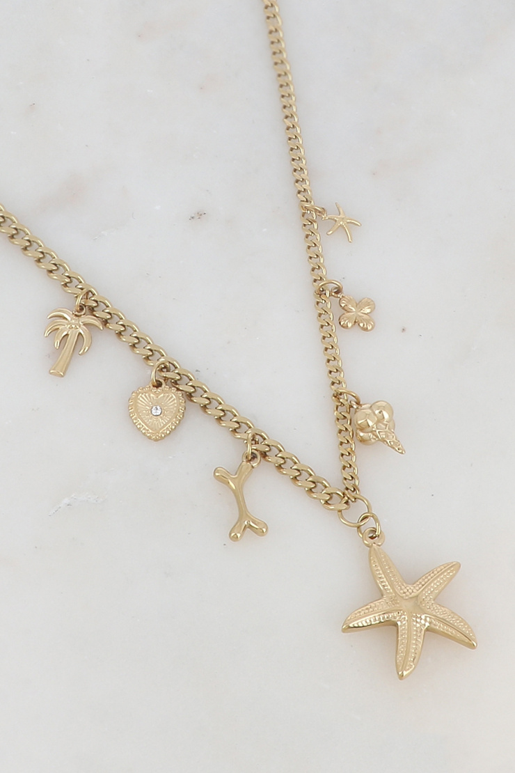Grossiste Ikita Paris - Collier maille avec palmier, cœur strassé, os, étoiles de mer, glace et fleur