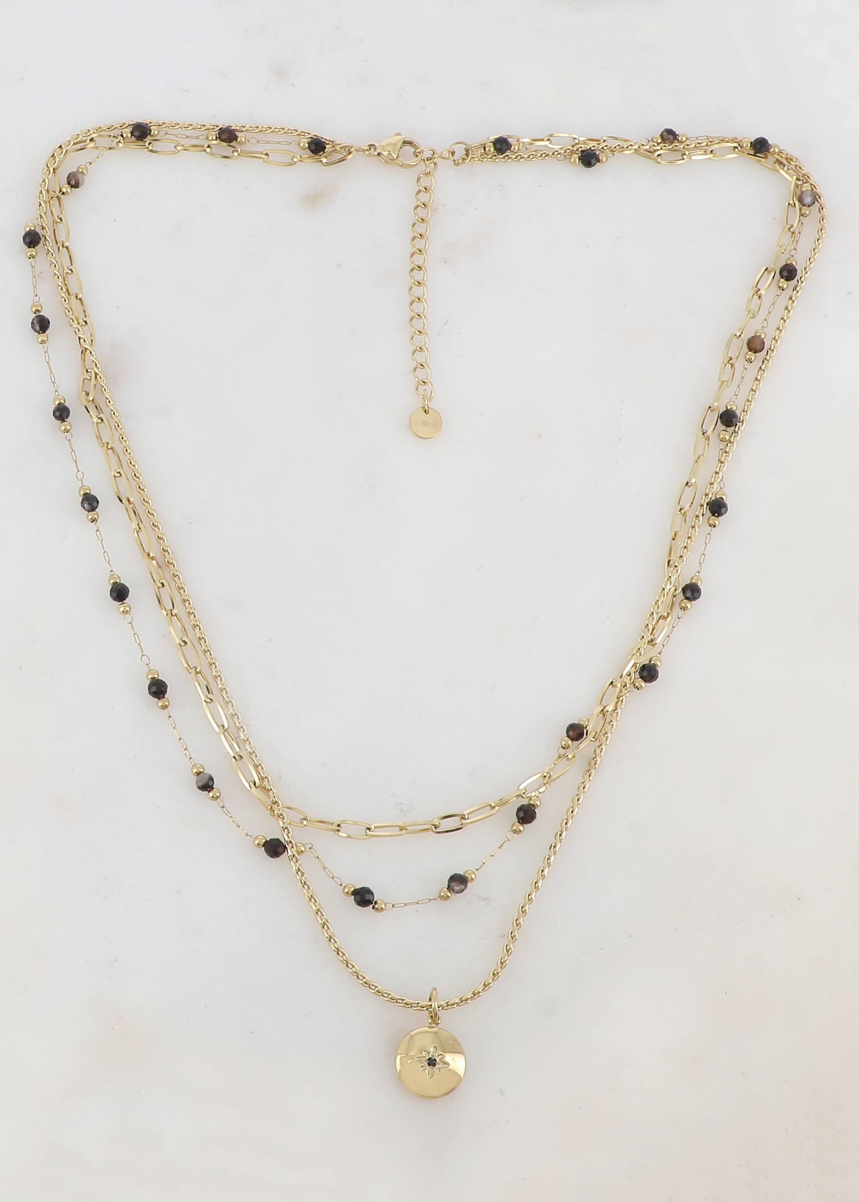 Wholesaler Ikita Paris - 3 row necklace with mesh, natural stones, star and rhinestone