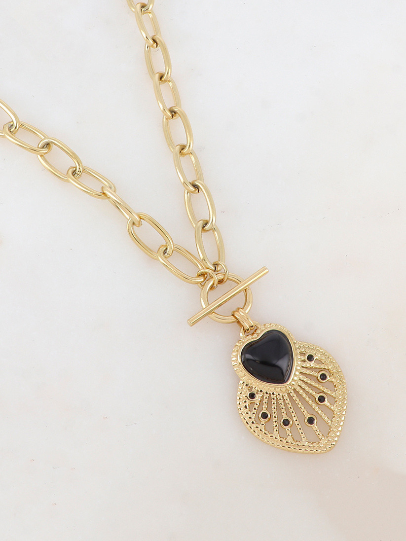 Wholesaler Ikita Paris - Chunky chain necklace with openwork heart pendant, natural stone or mother-of-pearl, and rhinestones