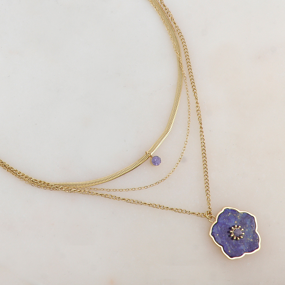 Wholesaler Ikita Paris - 3-row necklace with mesh, natural stone flower pendant, rhinestones