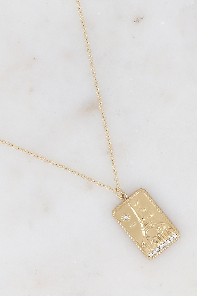 Grossiste Ikita Paris - Collier avec pendentif rectangulaire strassé avec motif Tour Eiffel