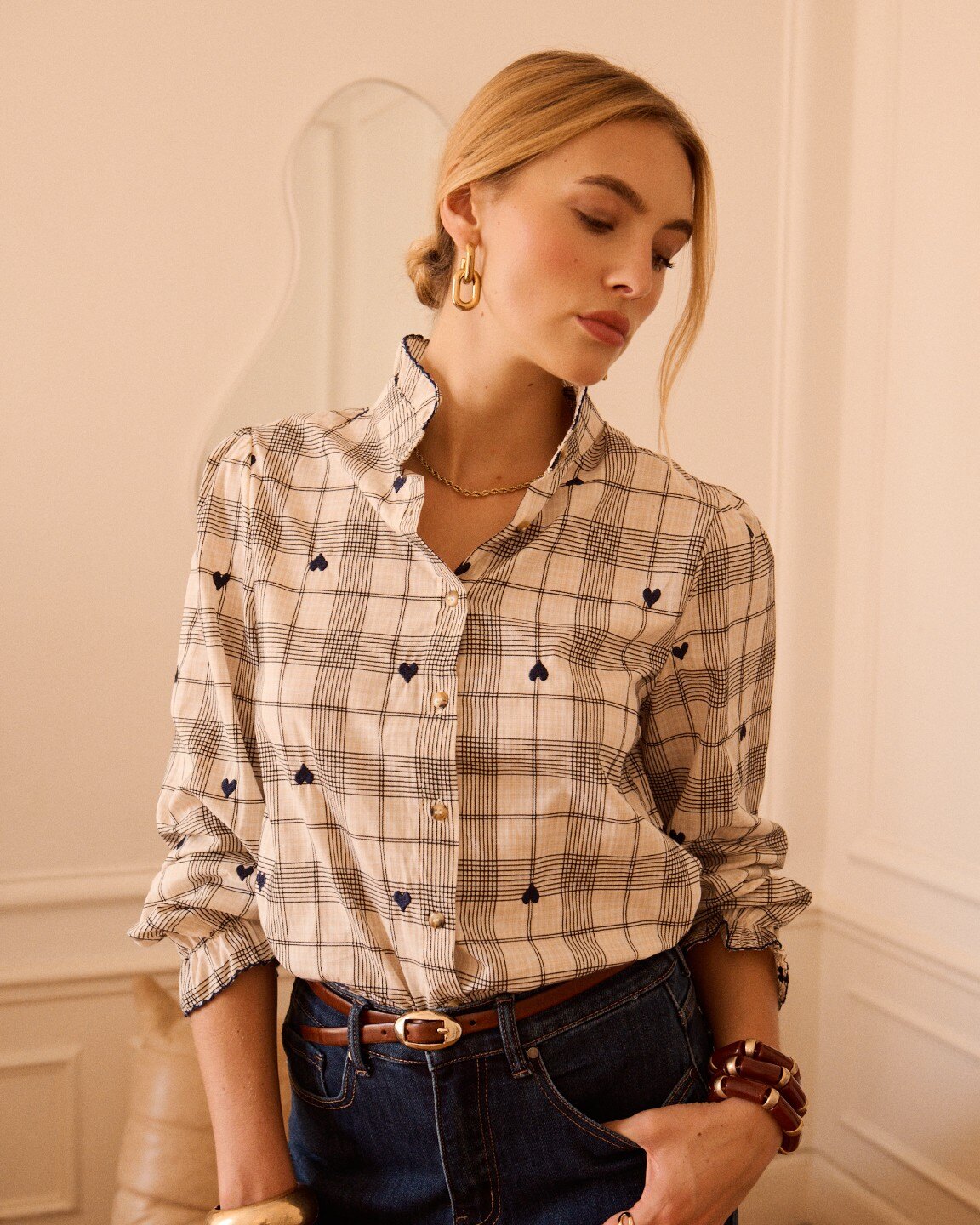 Wholesaler IN APRIL 1986 CURVE - Plaid Shirt with Embroidered Hearts – Romantic Ruffled Collar