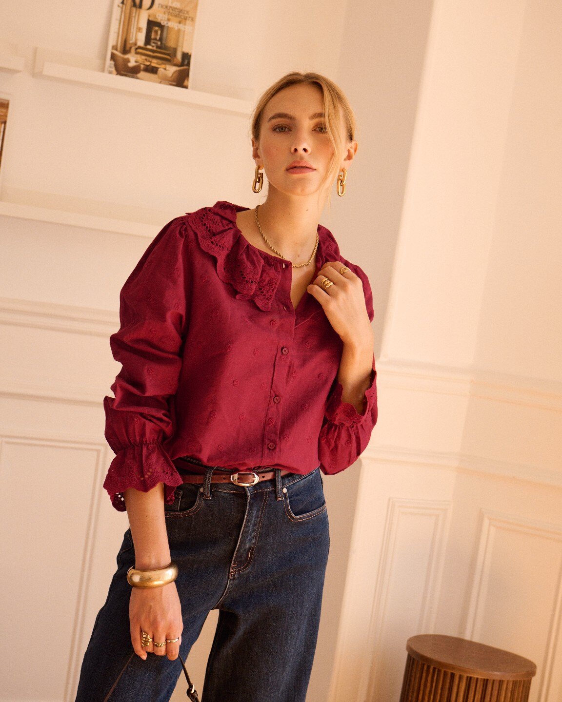 Wholesaler IN APRIL 1986 CURVE - Embroidered Blouse with Ruffled Collar