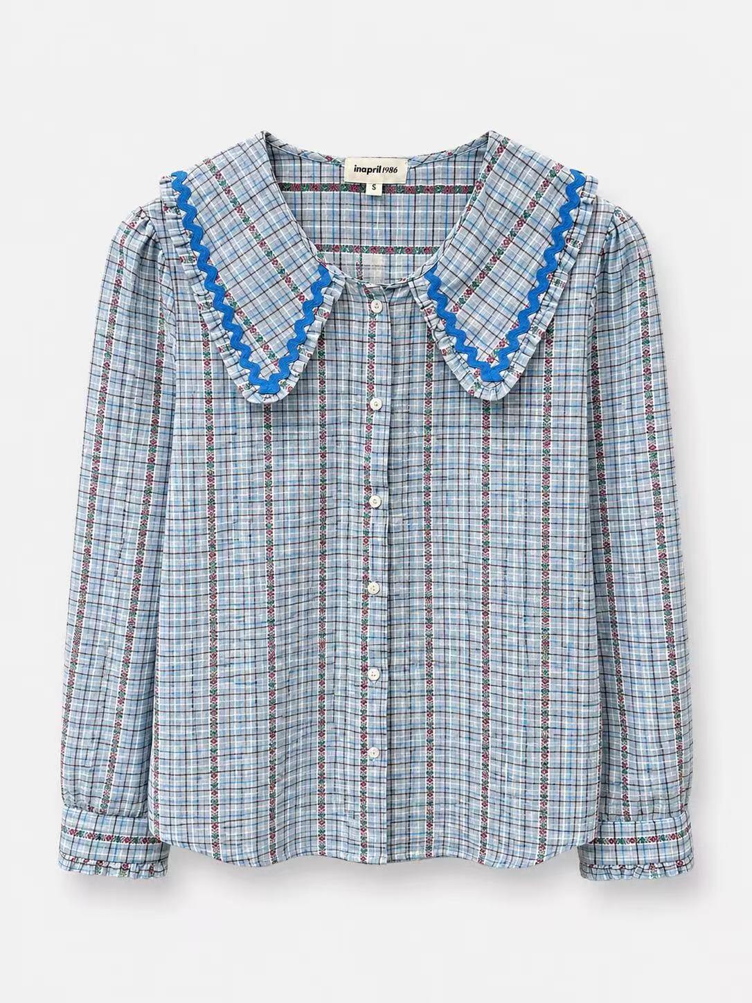 Grossiste In April 1986 Outlet - Blouse à col oversize vichy rétro bleu.