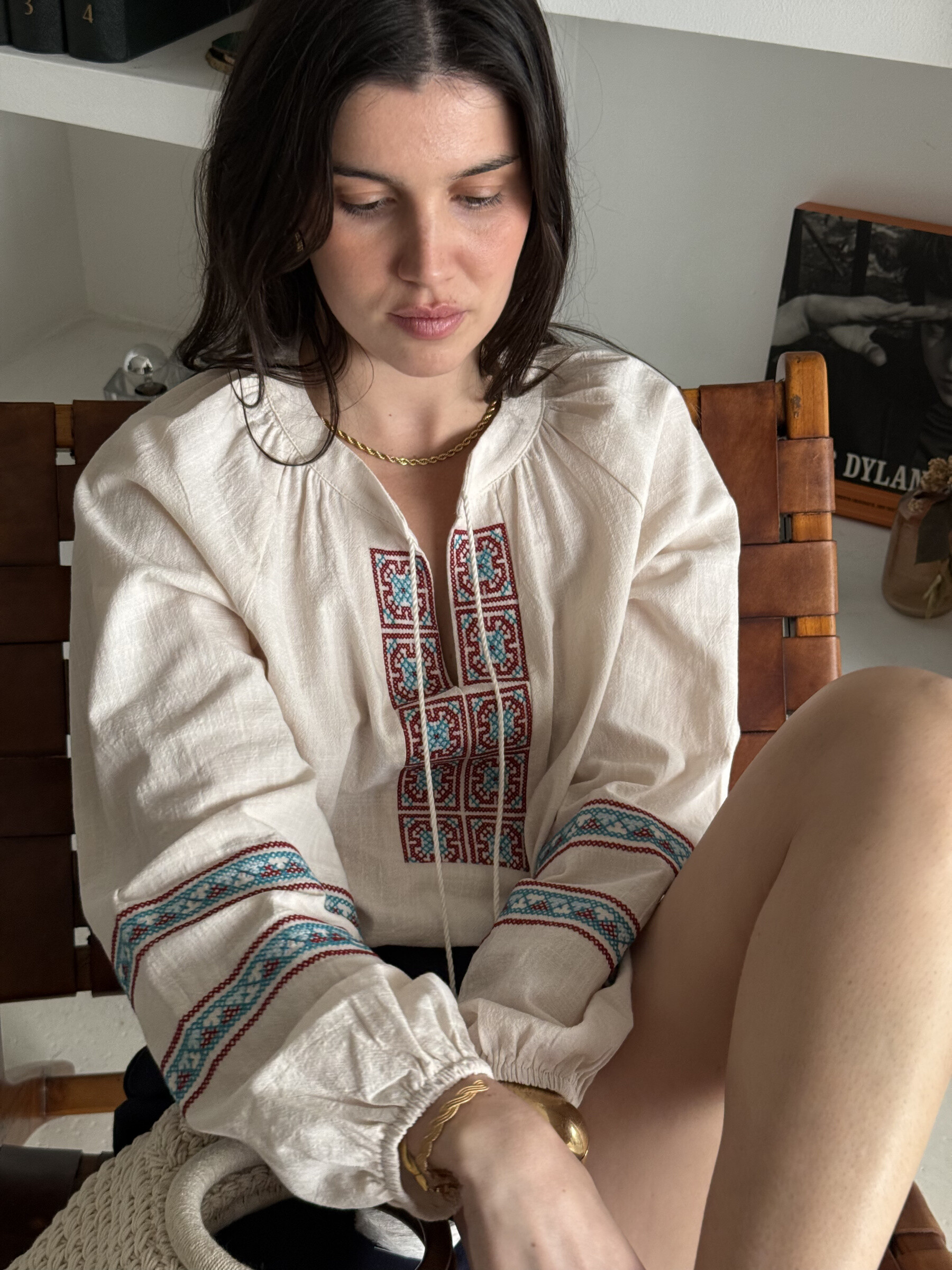 Großhändler In April 1986 - Bohemian Bluse mit tunesischen Kragen und Langarmern bestickt