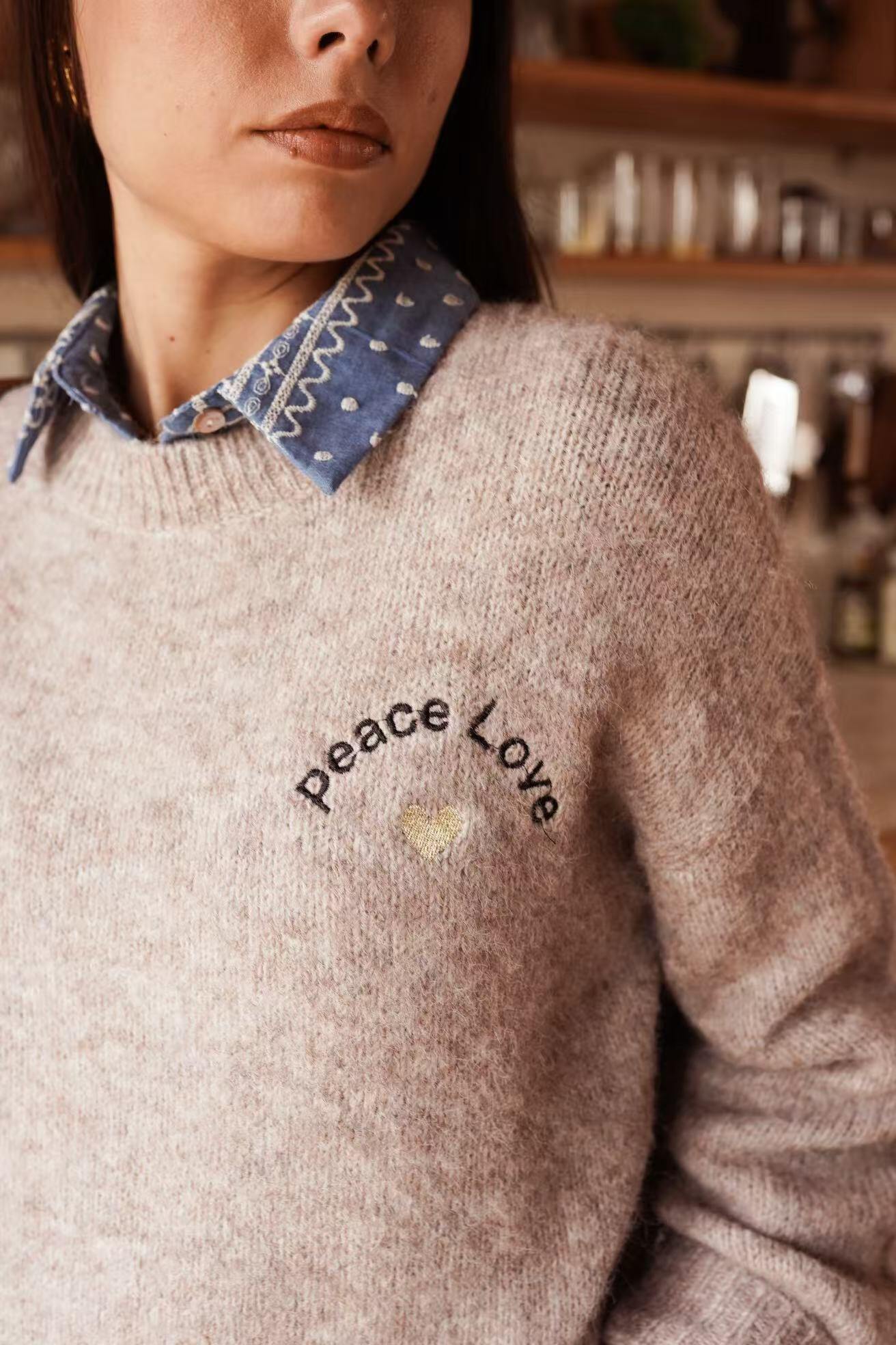 Pull Peace Sign Gris Avec écharpe Pour Fille - Taille XL - Coton Et Acrylique