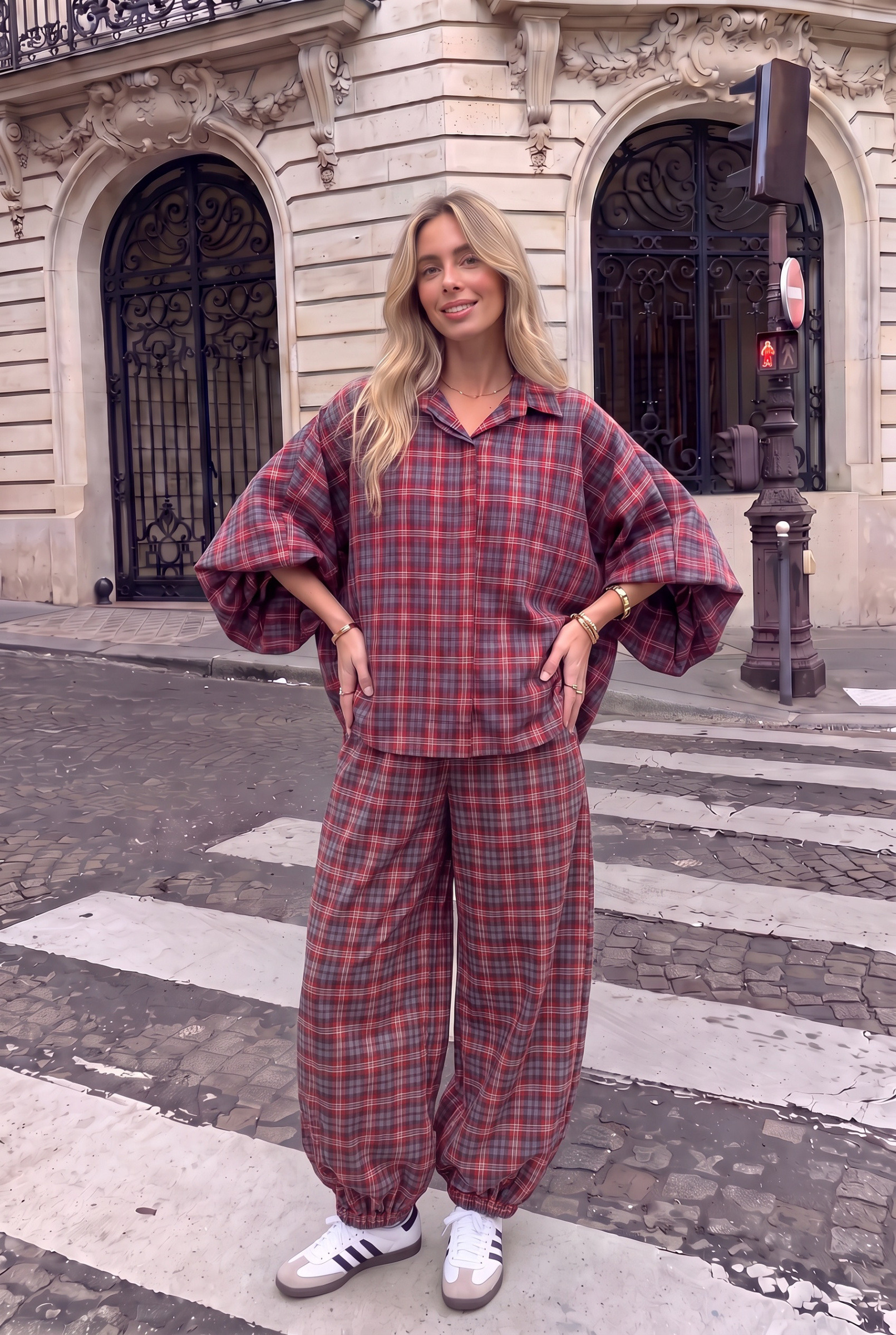 Grossiste INCERTAINES - Chemise Coton oversize à carreaux manches bouffantes Portée Avec Le Pantalon8276 - INCERTAINES