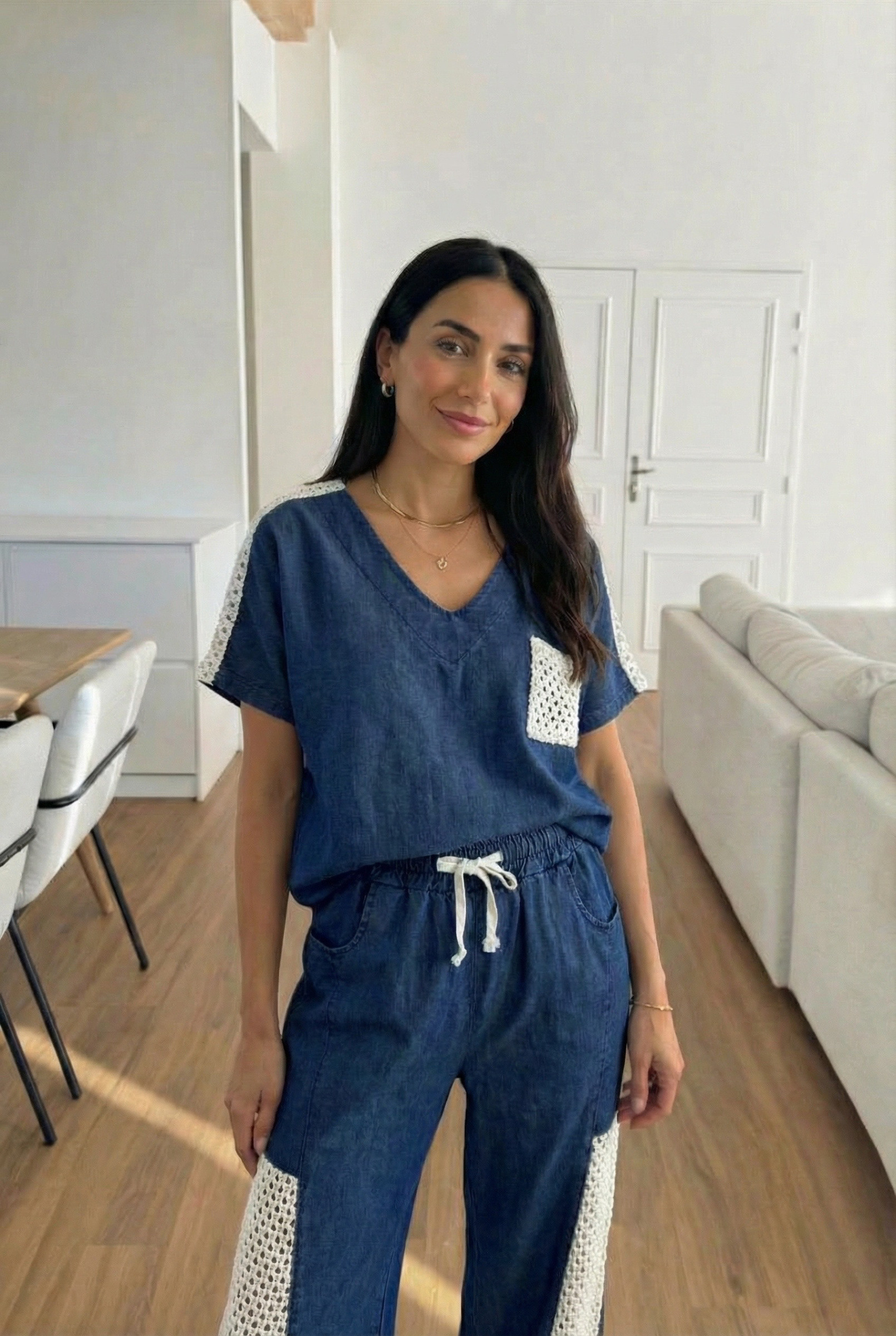 Grossiste INCERTAINES - Haut Manche Courte Dentelle Porté Avec Le Pantalon27189 Vendu Séparément