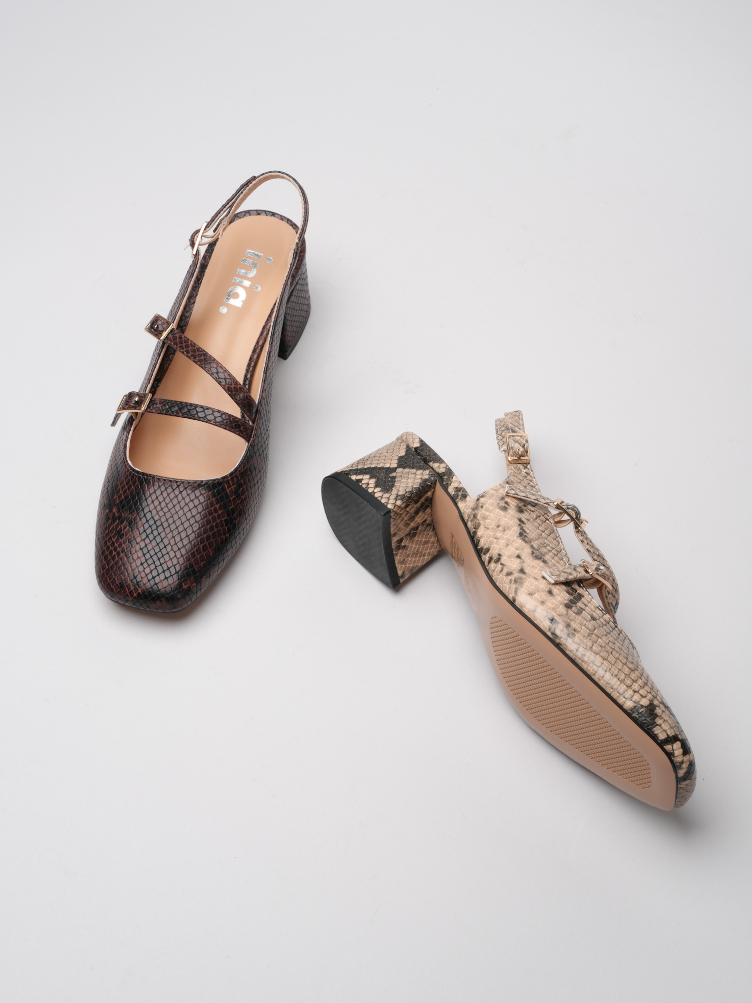 Wholesaler Inia. - Snake-effect slingback pumps with block heels and double buckles