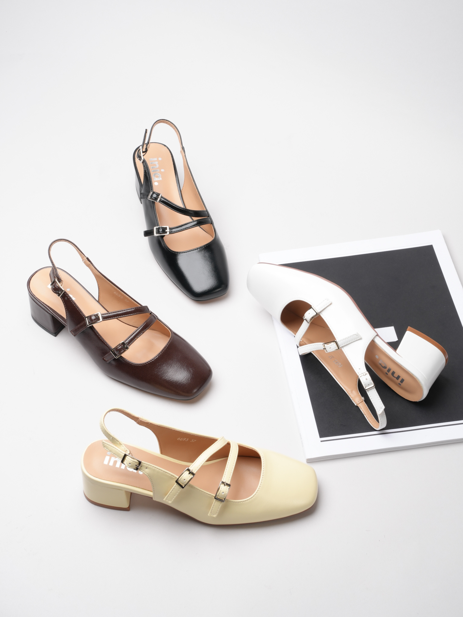 Wholesaler Inia. - Faux leather slingback Mary Janes with block heels and double buckles