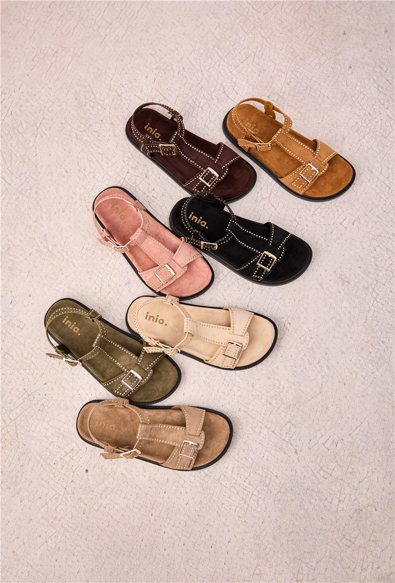 Wholesaler Inia. - Suede sandals with black sole and studded strap with buckle