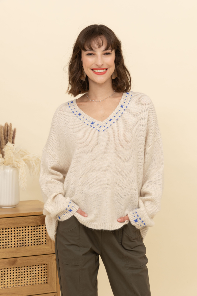 Mayorista Inspiration Studio - Jersey oversize de lana con cuello de pico y detalles en cuello y mangas.