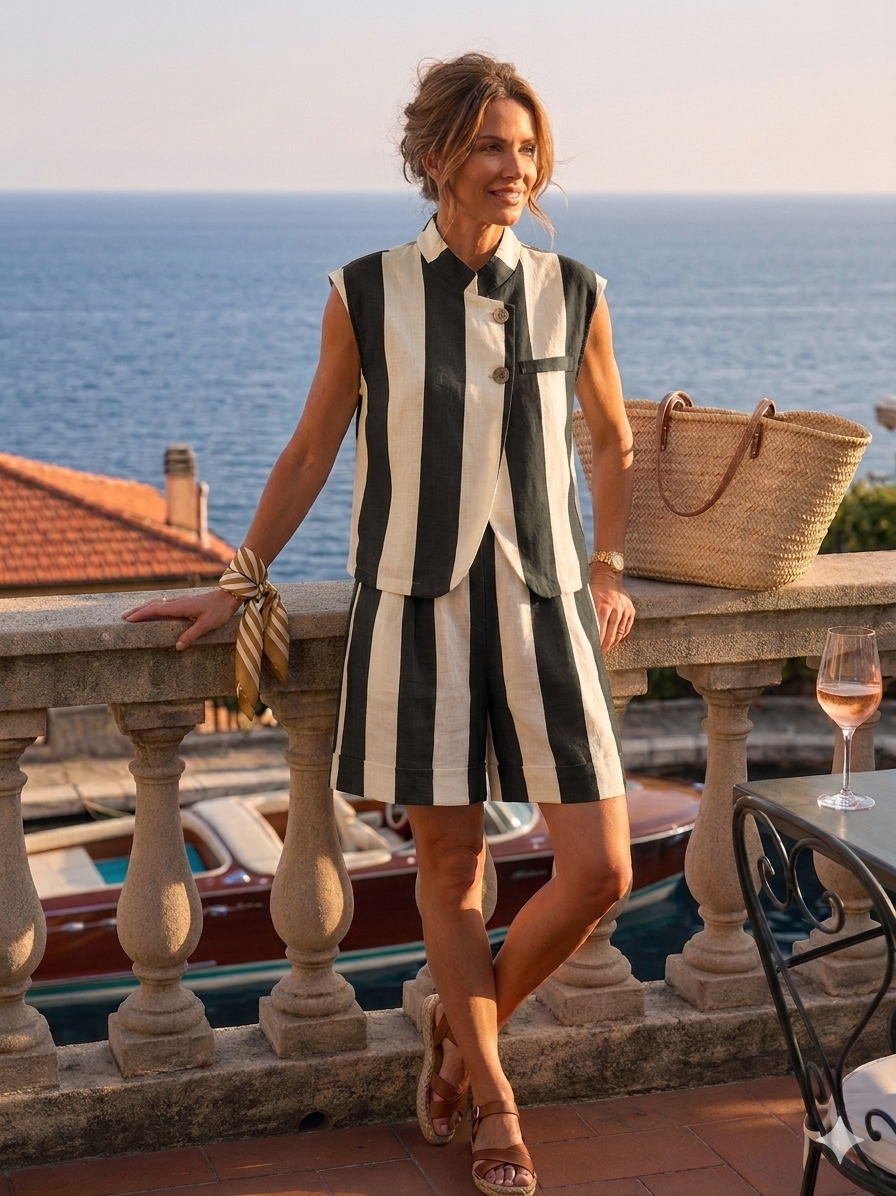 Grossista INSTA GIRL - Completo a righe con top e pantaloni capri