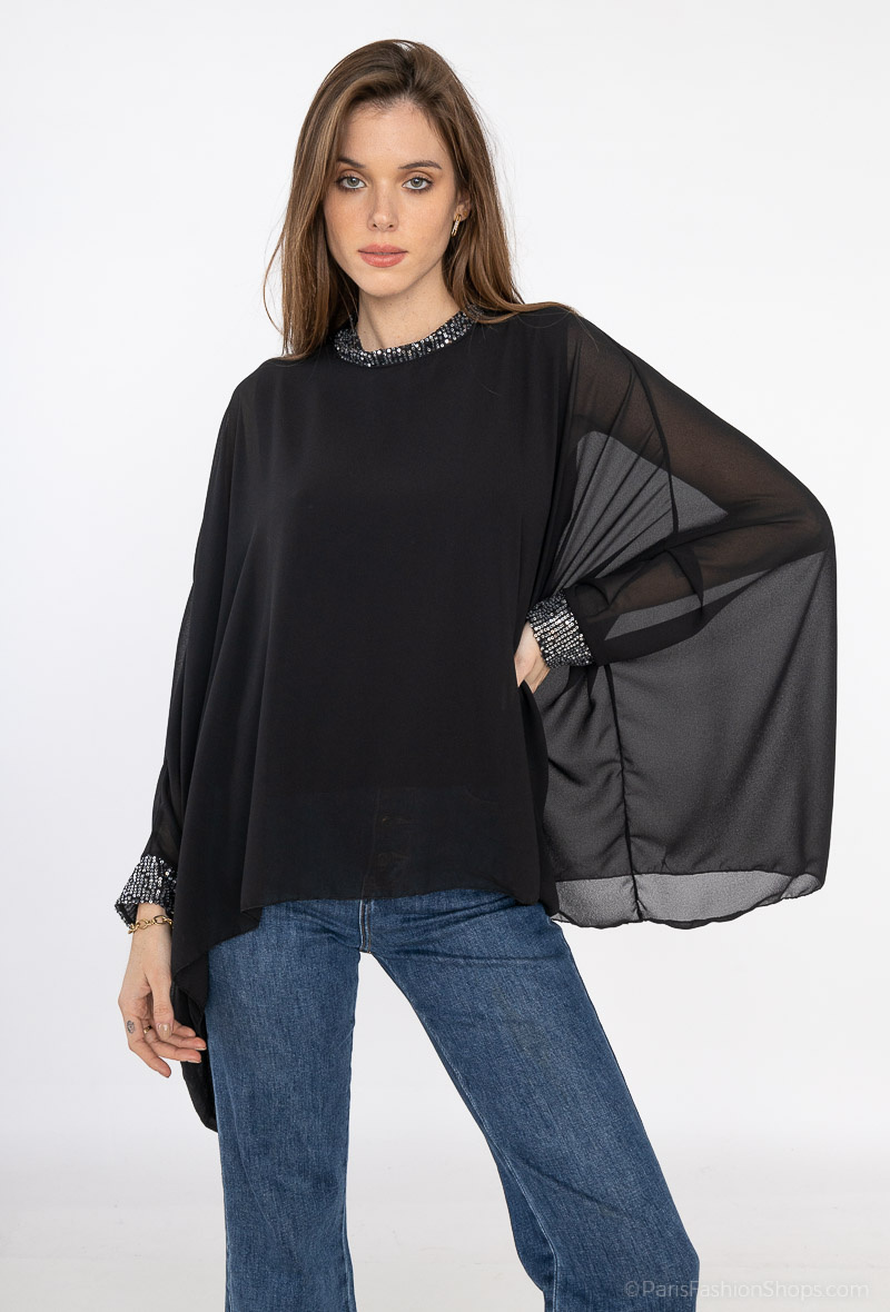 Grossiste ISSYMA - Blouse fluide avec manches chauve souris et détails brillants fête