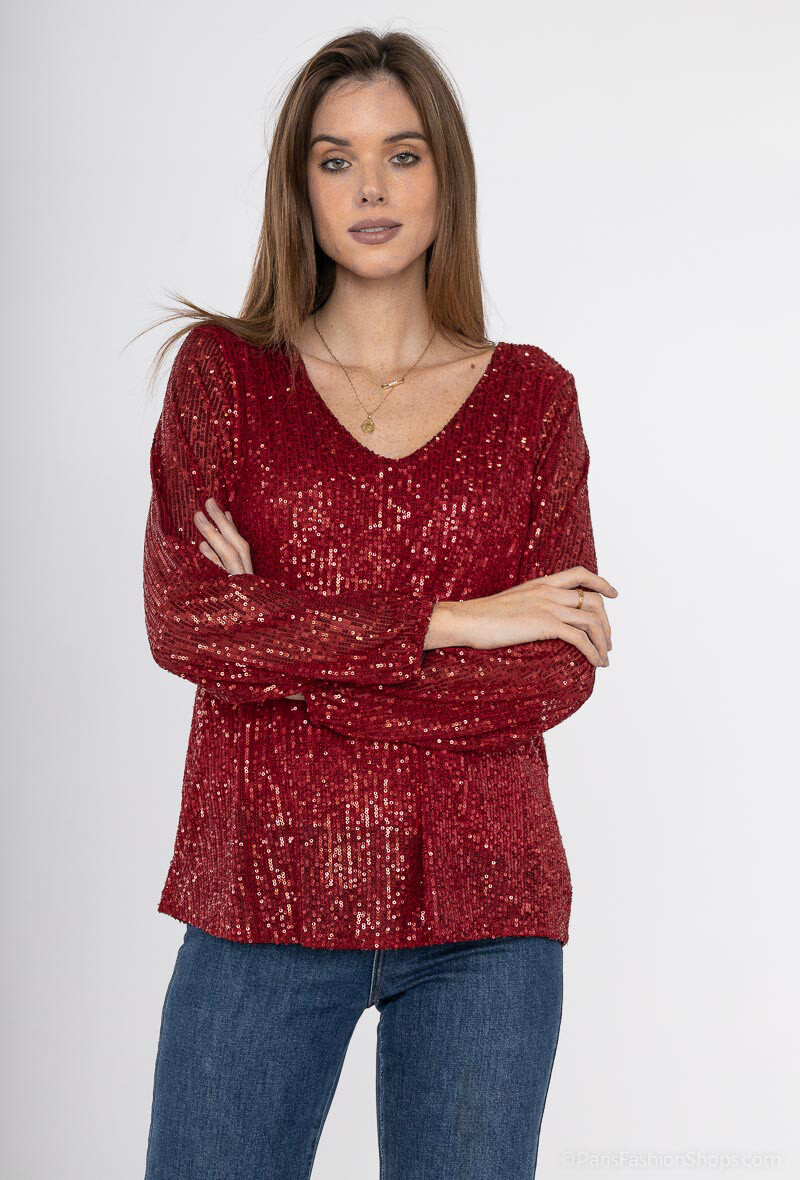 Grossiste ISSYMA - Blouse à sequins brillants col V - Spécial fête