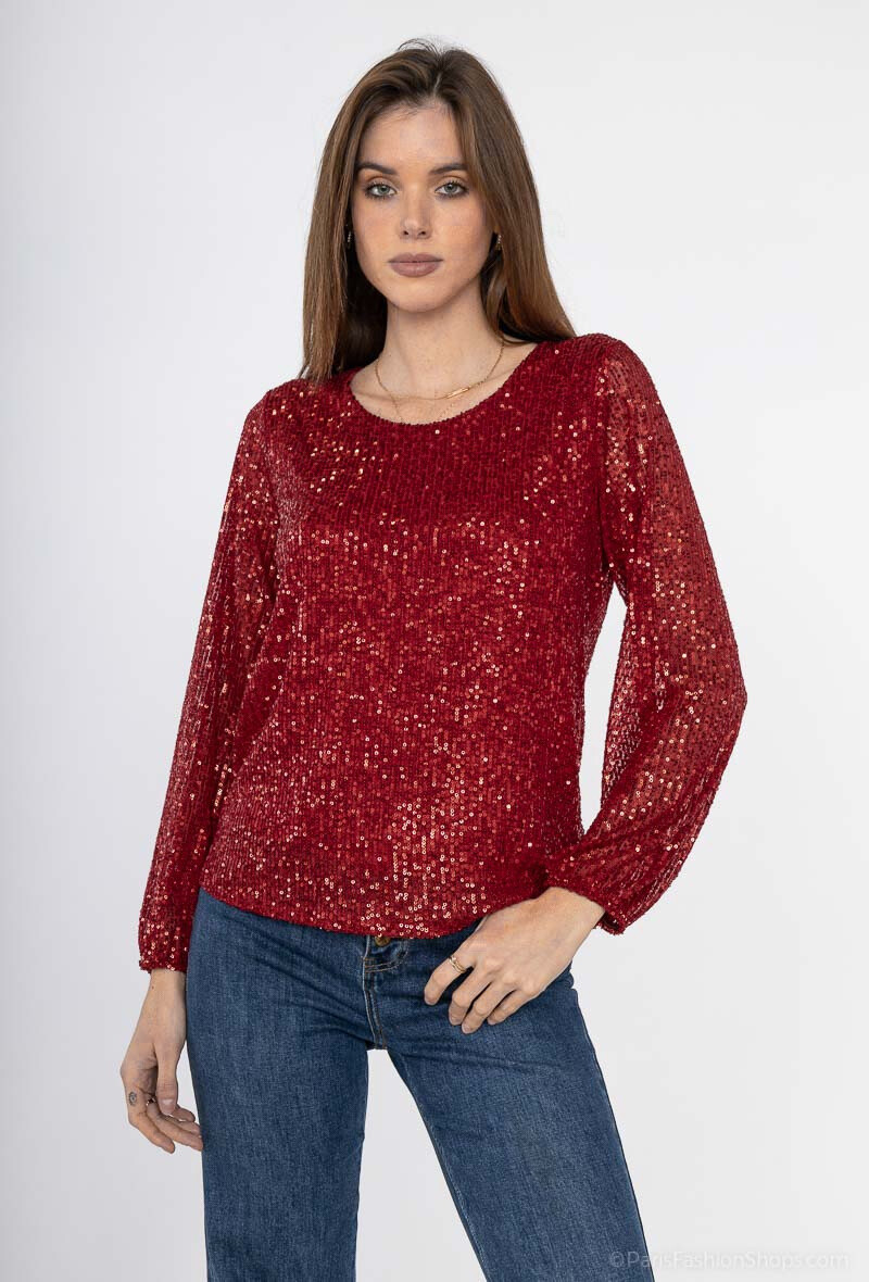 Grossiste ISSYMA - Blouse à sequins brillants col rond manches longues