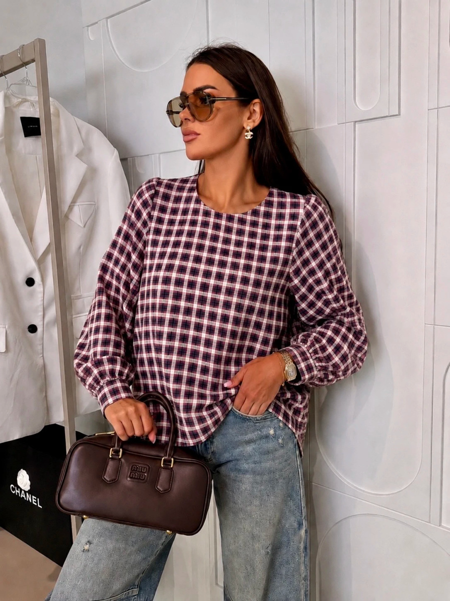 Grossiste ISSYMA - Blouse coton à carreaux manches longues – Col rond – Coupe fluide