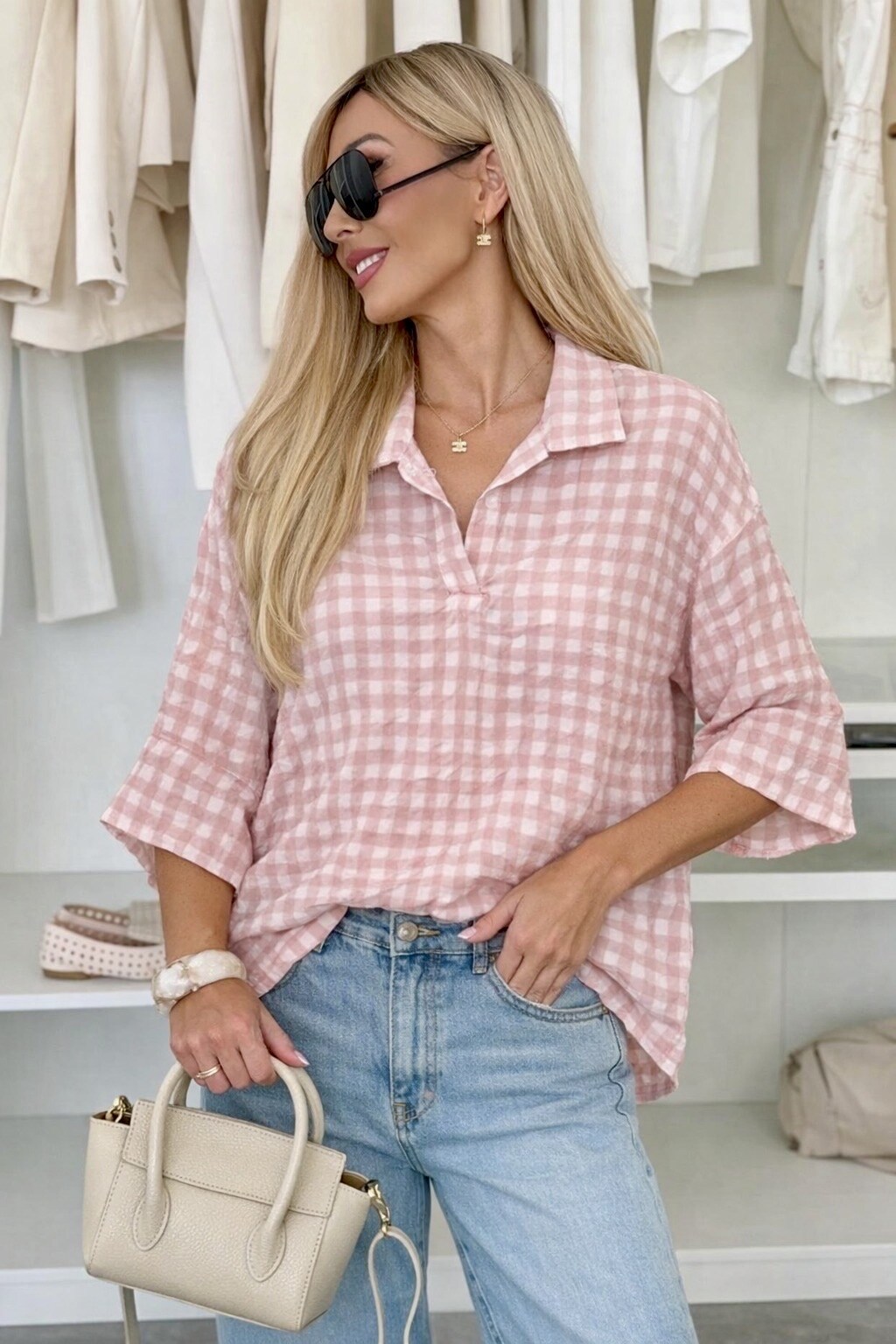 Mayorista ISSYMA - Blusa de cuadros con cuello camisero, corte holgado, manga 3/4
