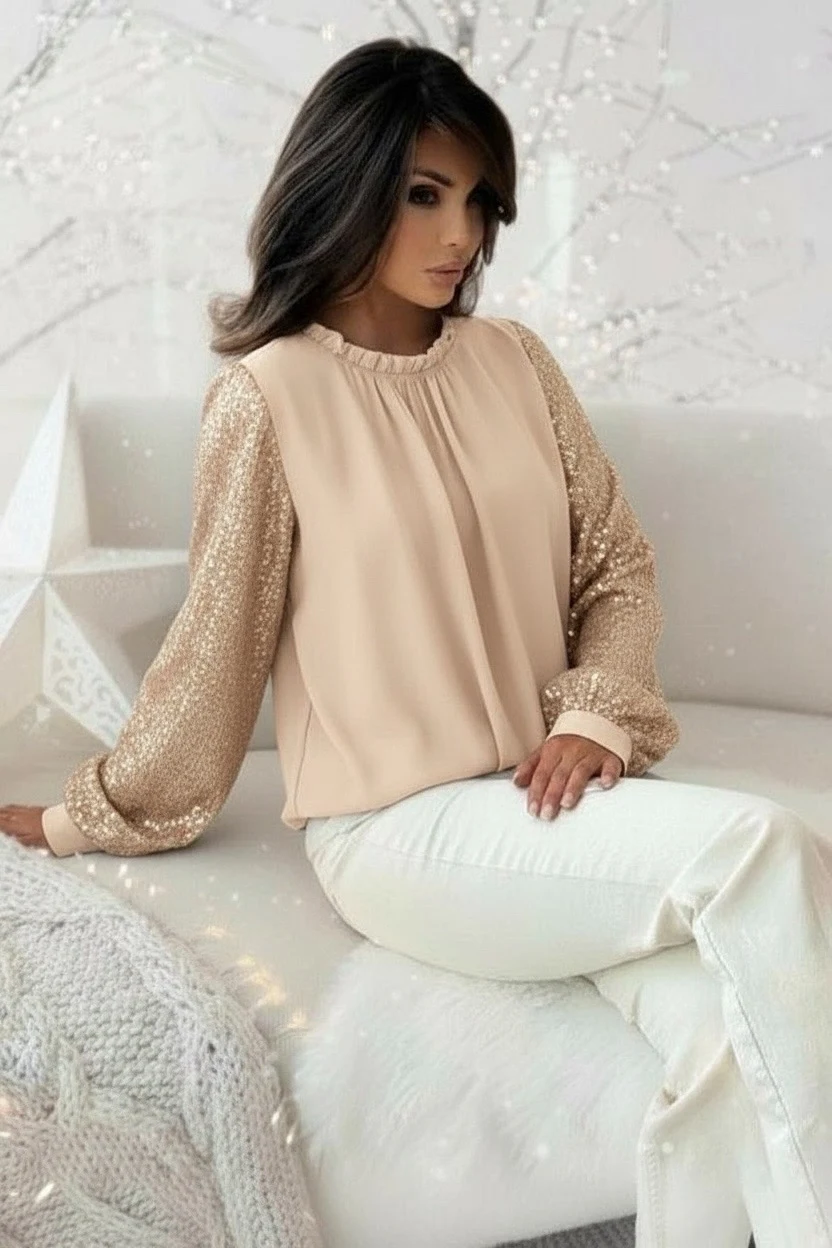 Blouse col froncé à manches sequins doublure viscose
