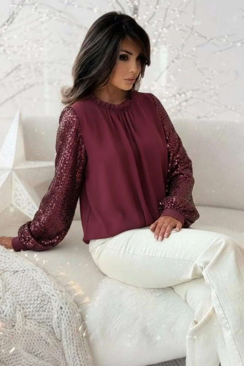Blouse col froncé à manches sequins doublure viscose