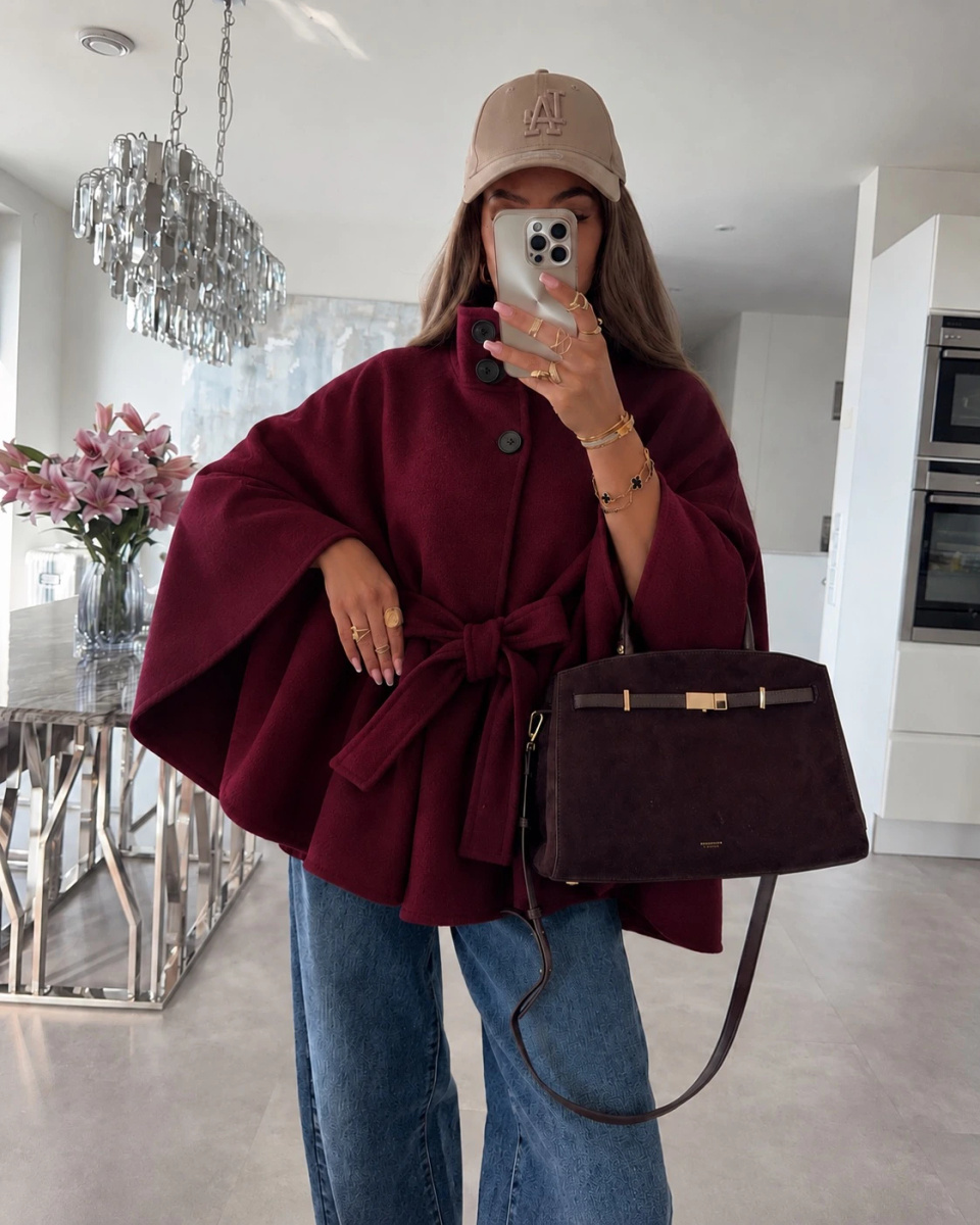 Grossiste ISSYMA - Poncho cape ample à col montant boutonné et ceinture à nouer