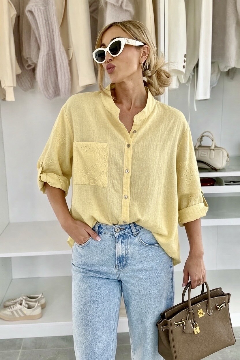 Grossista ISSYMA - Camicia oversize ricamata – collo alla coreana e maniche risvoltate, stile casual chic