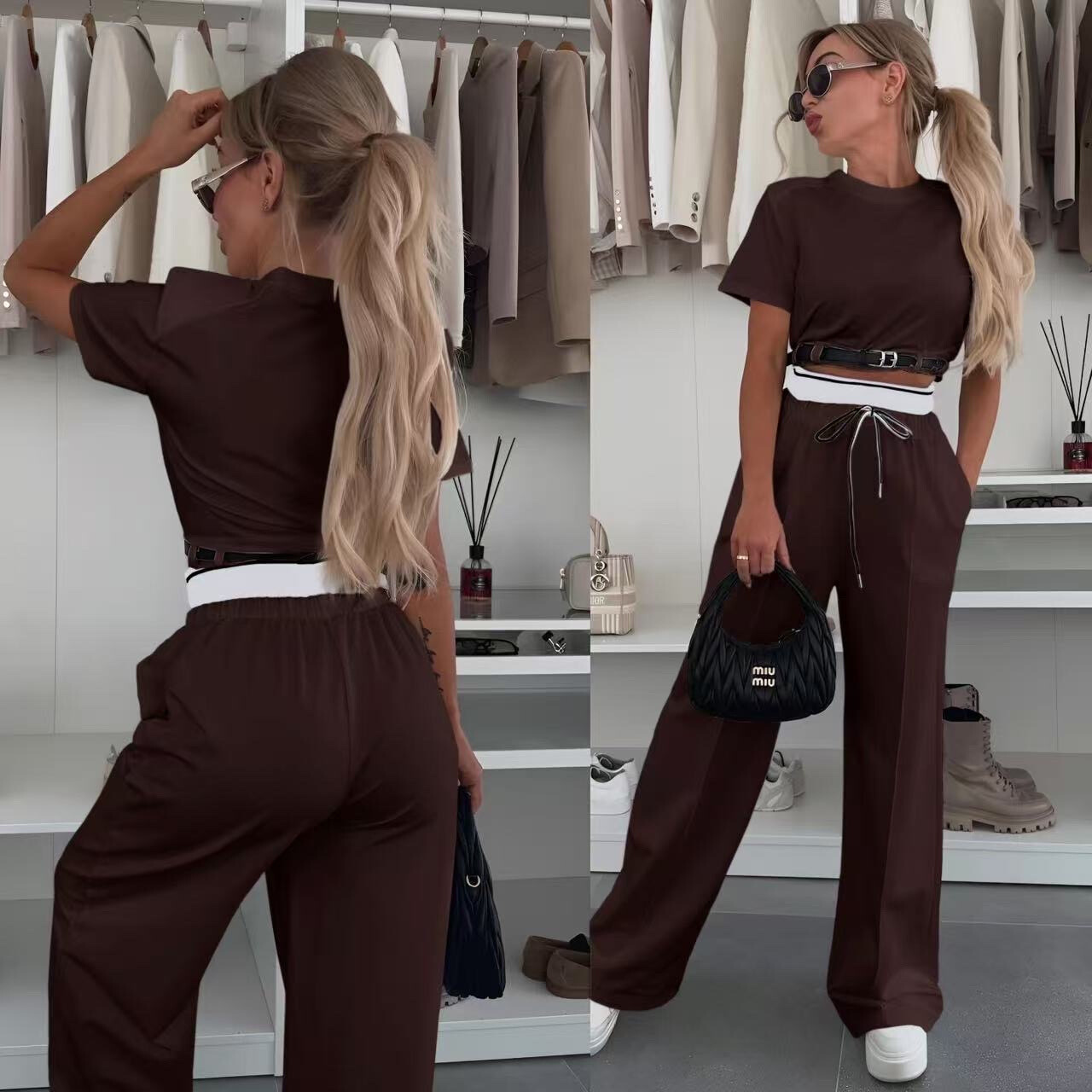Grossiste ISSYMA - Ensemble haut ceinturé et pantalon bicolore