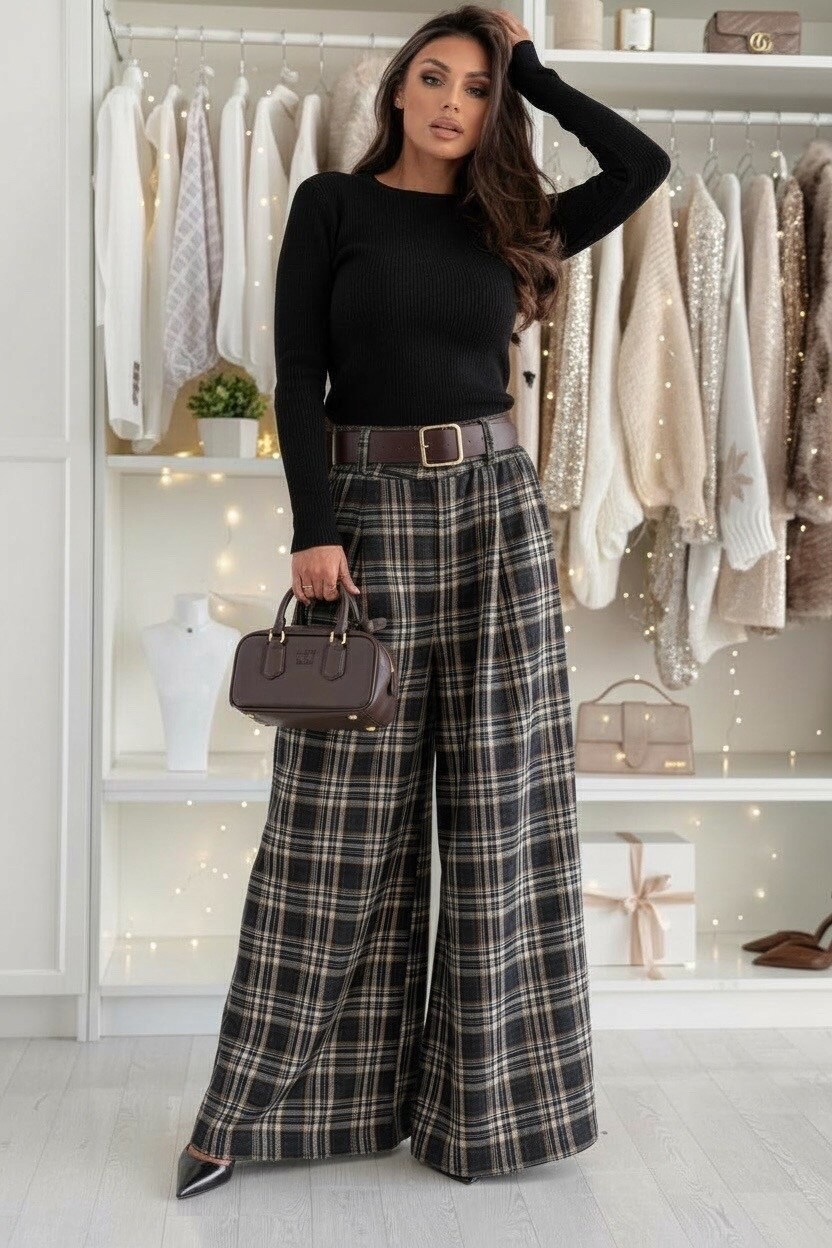 Mayorista ISSYMA - Pantalón ancho de cuadros efecto lana suave con cinturón
