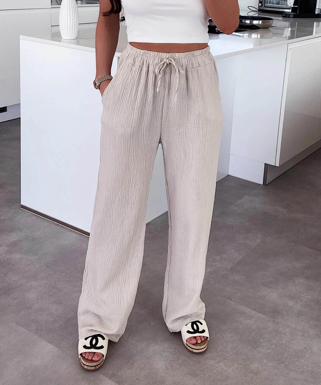 Cotton gauze pants with elastic size cord - Beige 3 - thumbnail