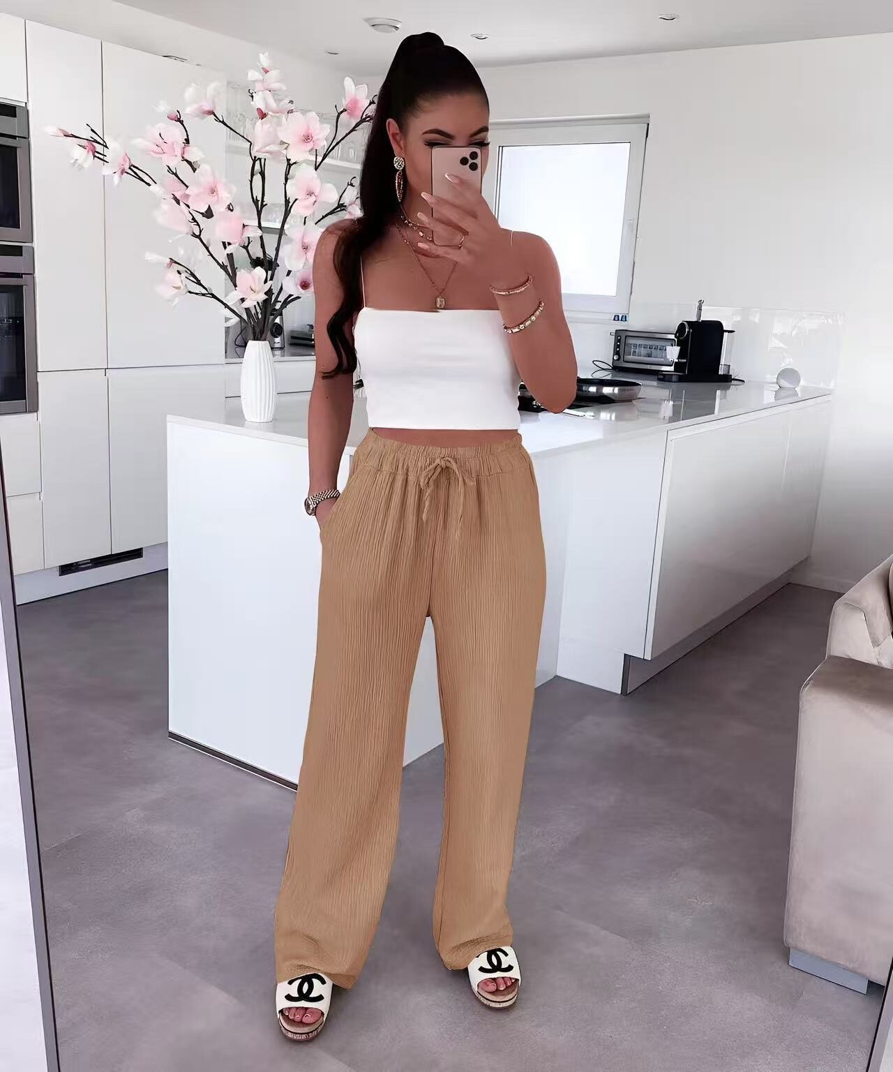 Cotton gauze pants with elastic size cord - Camel - 1 - large format