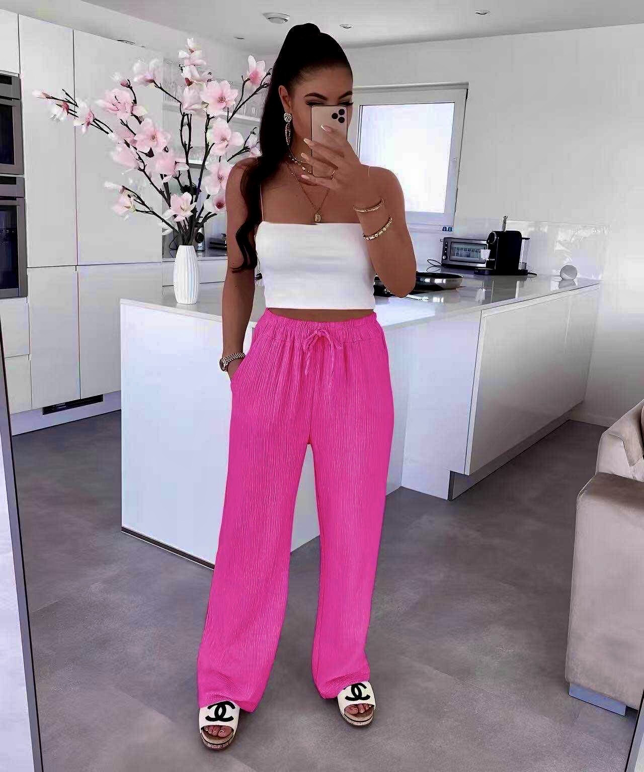 Cotton gauze pants with elastic size cord - Fuchsia - 1 - large format