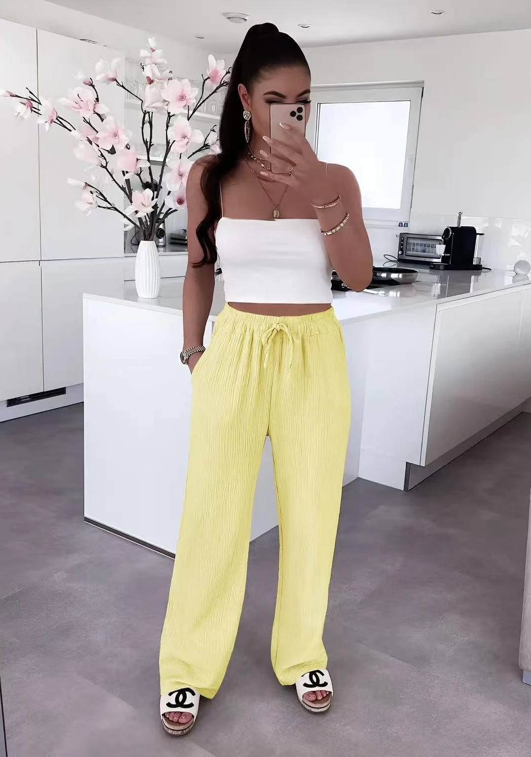 Cotton gauze pants with elastic size cord