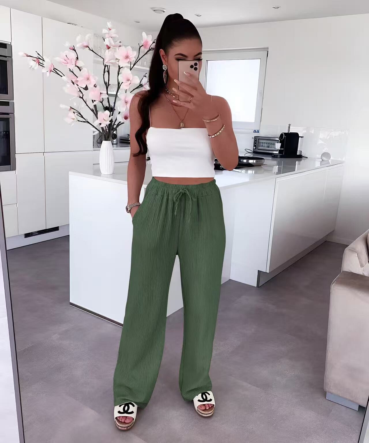 Pantalon en gaze de coton avec cordon taille élastique , longueur 105 cm