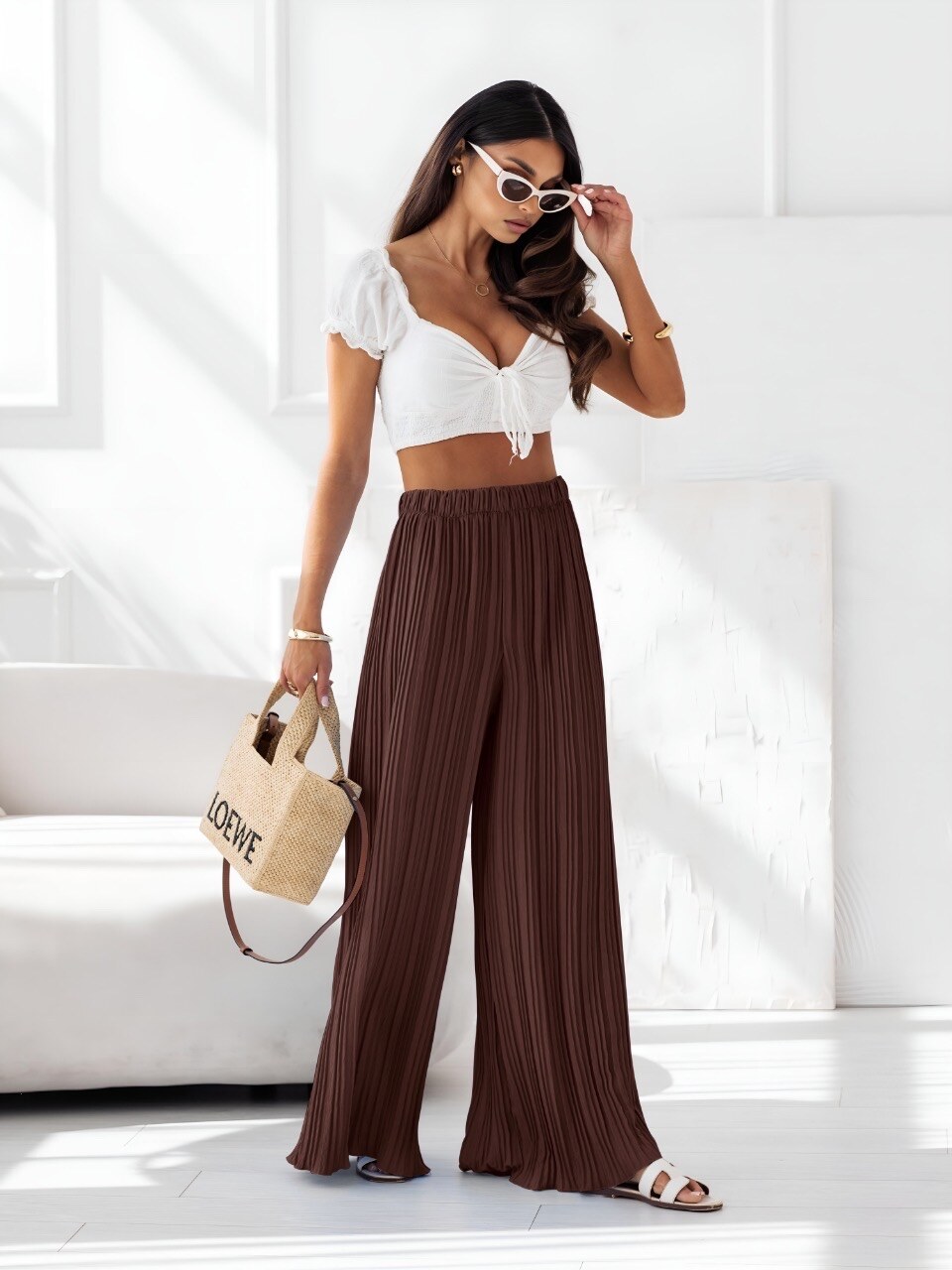 Grossiste ISSYMA - Pantalon Large Plissé  – Taille Élastique – Tissu Fluide et Léger