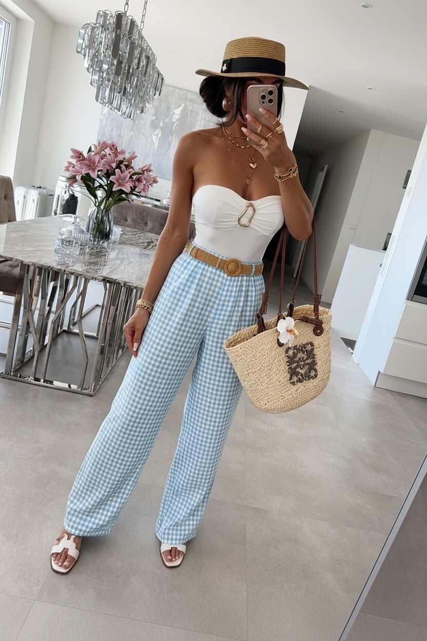 Grossista ISSYMA - Pantaloni vichy con cintura in rafia, elastico in vita