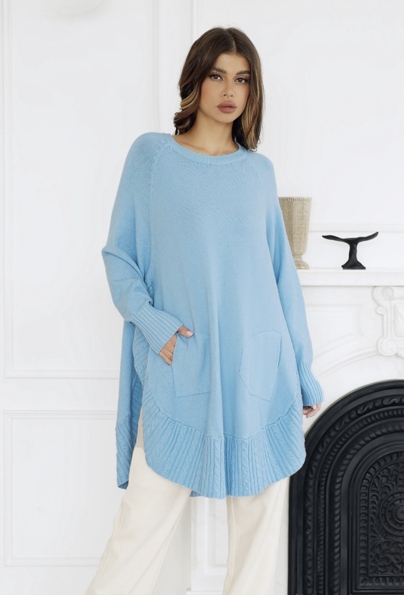 Grossiste ISSYMA - Pull Oversize Bleu avec Poches et Finition Plissée