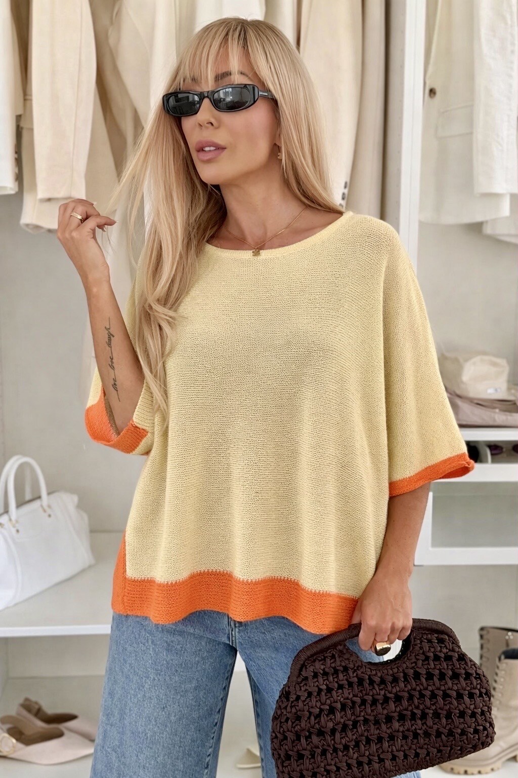 Grossista ISSYMA - Maglia in maglia fine con maniche a 3/4 con profili a contrasto