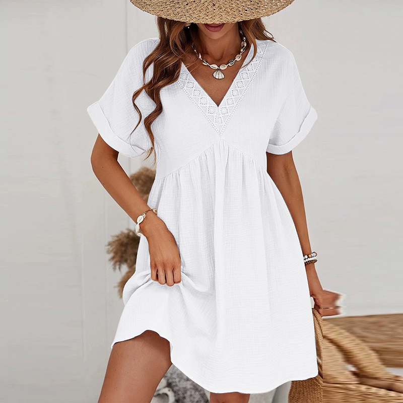COTTON GAUZE V-NECK dress pattern - White - 1 - large format