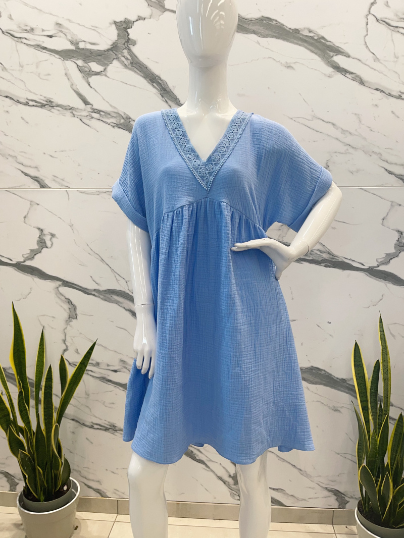 COTTON GAUZE V-NECK dress pattern - Sky Blue - 2 - large format