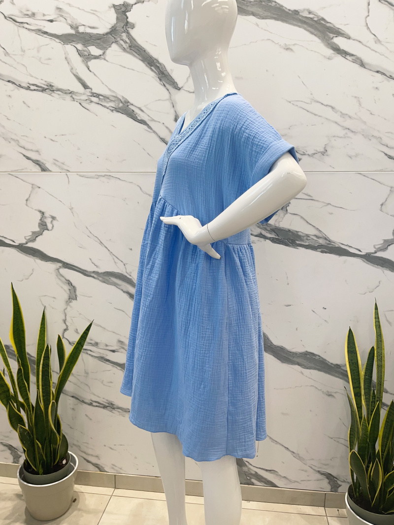COTTON GAUZE V-NECK dress pattern - Sky Blue - 3 - large format