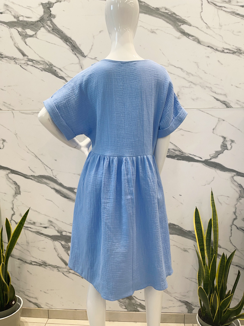COTTON GAUZE V-NECK dress pattern - Sky Blue - 4 - large format