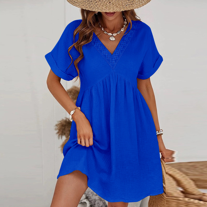 COTTON GAUZE V-NECK dress pattern - Royal Blue - 1 - large format
