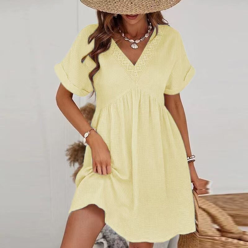 COTTON GAUZE V-NECK dress pattern - Yellow - 1 - large format