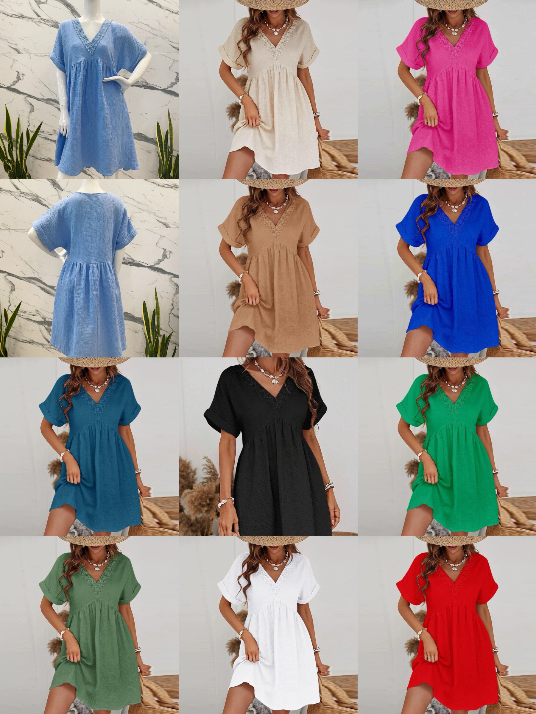 COTTON GAUZE V-NECK dress pattern - Kaki - 2 - large format